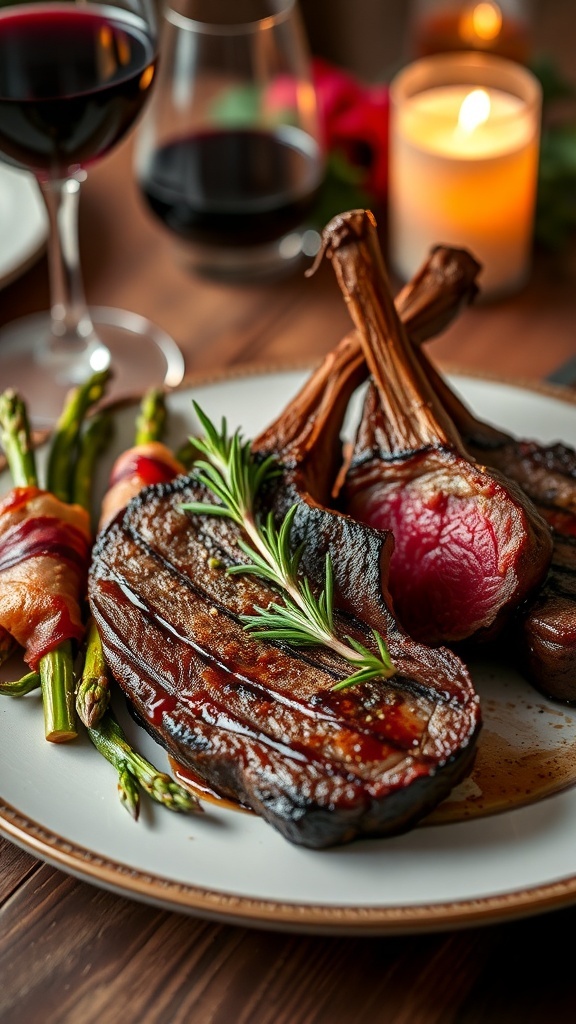 A romantic carnivore feast with ribeye steak, lamb chops, and bacon-wrapped asparagus on a candlelit table.